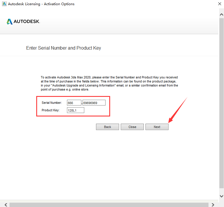 输入3dmax 2020序列号和密钥：666-69696969 与 128L1。再点击“Next”下一步。.png