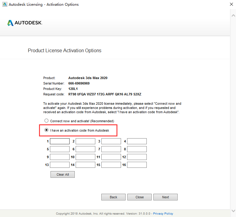 3dmax选择“I have an activation code from Autodesk”我具有Autodesk提供的激活码.png