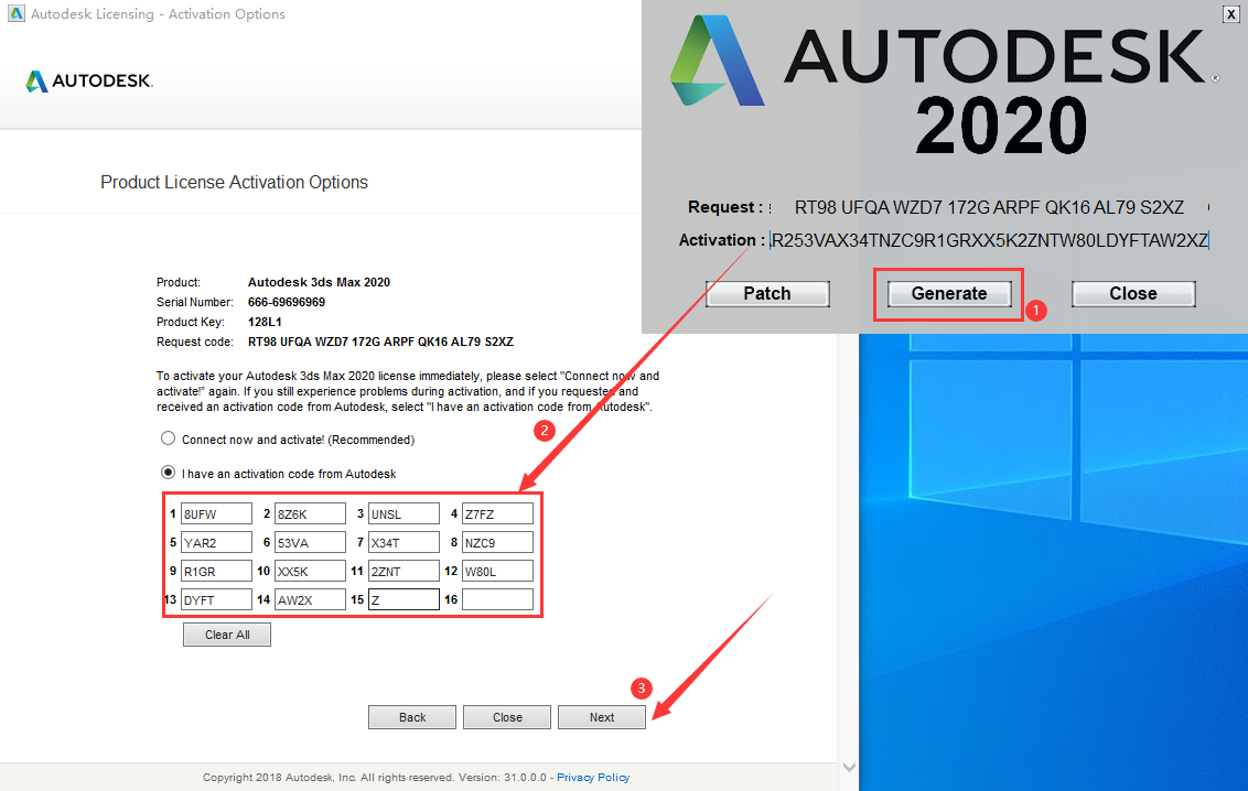 3dmax 2020点击“Generate”生成激活码，再把粘贴激活码，再点击“Next下一步按钮。.png